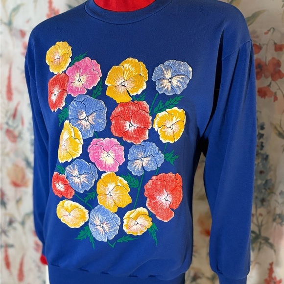 Vintage Quips Women’s Blue and Red Mock Neck Floral Sweater - Picture 2 of 9